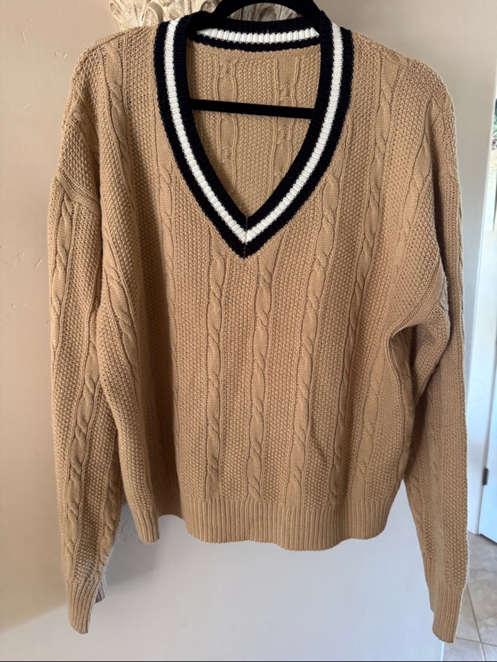 Men's Cable-Knit V-Neck Sweater in Tan with Contrast Trim